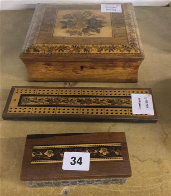 Tunbridge Ware rosewood flower mosaic banded writing box, a cribbage board and a lidded glass jar